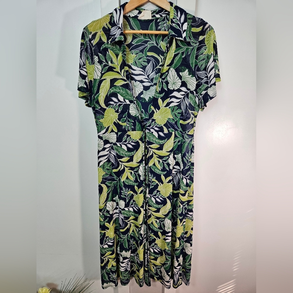 Ember XL Tropical Leaf Print Collared Tie Waist Cover-Up